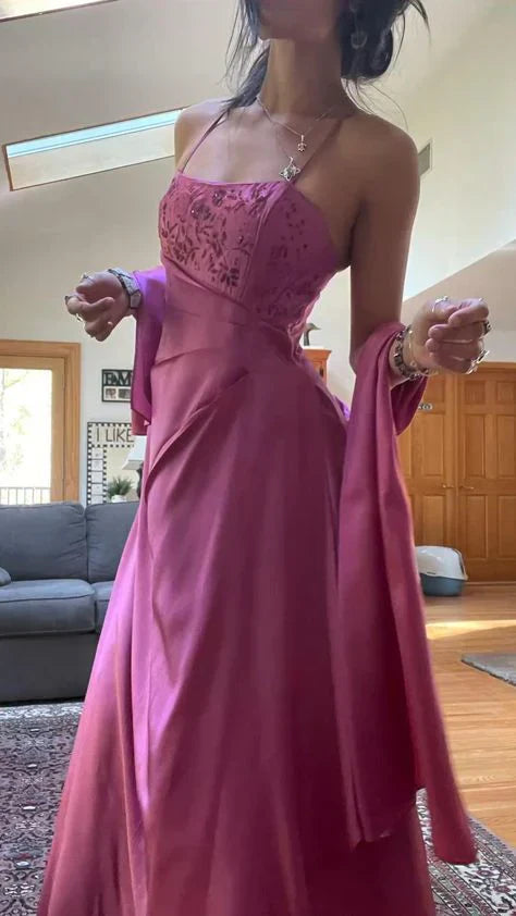 Niulatu Spaghetti Straps A-Line Fuchsia Beaded Satin Prom Dresses Gorgeous Wedding Guest Dresses with Shawl HZ1103