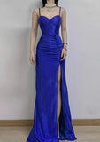 Niulatu Blue Elegant Spaghetti Straps Slit Long Prom Dress Charming Birthday Party Dress HZ1103