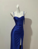 Niulatu Blue Elegant Spaghetti Straps Slit Long Prom Dress Charming Birthday Party Dress HZ1103