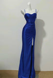 Niulatu Blue Elegant Spaghetti Straps Slit Long Prom Dress Charming Birthday Party Dress HZ1103