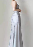Niulatu Silver Mermaid Spaghetti Straps Satin Long Prom Dress Beaded Evening Dress HZ1103