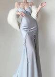 Niulatu Silver Mermaid Spaghetti Straps Satin Long Prom Dress Beaded Evening Dress HZ1103