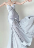 Niulatu Silver Mermaid Spaghetti Straps Satin Long Prom Dress Beaded Evening Dress HZ1103