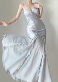 Niulatu Silver Mermaid Spaghetti Straps Satin Long Prom Dress Beaded Evening Dress HZ1103