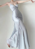 Niulatu Silver Mermaid Spaghetti Straps Satin Long Prom Dress Beaded Evening Dress HZ1103