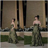 Niulatu Forest Green A-Line Long Prom Dresses With Silver Beads Sweet Strapless Satin Evening Dresses HZ1026