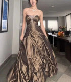 Niulatu Forest Green A-Line Long Prom Dresses With Silver Beads Sweet Strapless Satin Evening Dresses HZ1026