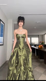 Niulatu Forest Green A-Line Long Prom Dresses With Silver Beads Sweet Strapless Satin Evening Dresses HZ1026