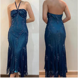 Niulatu Blue Chiffon Long Prom Dresses Elegant Beaded Party Dresses HZ1026