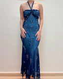 Niulatu Blue Chiffon Long Prom Dresses Elegant Beaded Party Dresses HZ1026
