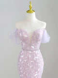 Niulatu Off-Shoulder Tulle Sequin Long Prom Dress Purple Formal Dress HZ1103