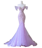 Niulatu Off-Shoulder Tulle Sequin Long Prom Dress Purple Formal Dress HZ1103