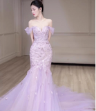 Niulatu Off-Shoulder Tulle Sequin Long Prom Dress Purple Formal Dress HZ1103