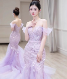 Niulatu Off-Shoulder Tulle Sequin Long Prom Dress Purple Formal Dress HZ1103