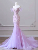 Niulatu Off-Shoulder Tulle Sequin Long Prom Dress Purple Formal Dress HZ1103