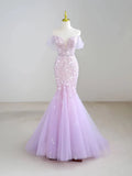 Niulatu Off-Shoulder Tulle Sequin Long Prom Dress Purple Formal Dress HZ1103
