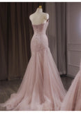 Niulatu Mermaid Strapless Tulle Sequined Long Prom Dress Sweet Wedding Dress HZ1103