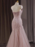 Niulatu Mermaid Strapless Tulle Sequined Long Prom Dress Sweet Wedding Dress HZ1103