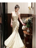 Niulatu Apricot Mermaid Turtleneck Tulle 3D Flower Prom Dress HZ1103