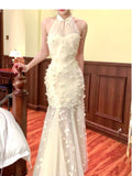 Niulatu Apricot Mermaid Turtleneck Tulle 3D Flower Prom Dress HZ1103