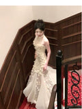 Niulatu Apricot Mermaid Turtleneck Tulle 3D Flower Prom Dress HZ1103