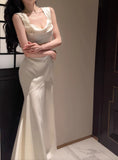 Niulatu White Mermaid Square Neck Satin Prom Dress Birthday Dress HZ1103