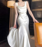 Niulatu White Mermaid Square Neck Satin Prom Dress Birthday Dress HZ1103