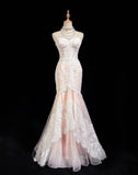 Niulatu Pink Strapless Mermaid Tulle Lace Long Prom Dress Sweetheart Neckline Formal Dress HZ1103