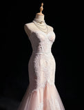 Niulatu Pink Strapless Mermaid Tulle Lace Long Prom Dress Sweetheart Neckline Formal Dress HZ1103