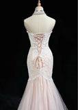 Niulatu Pink Strapless Mermaid Tulle Lace Long Prom Dress Sweetheart Neckline Formal Dress HZ1103