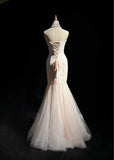 Niulatu Pink Strapless Mermaid Tulle Lace Long Prom Dress Sweetheart Neckline Formal Dress HZ1103