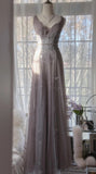 Niulatu Purple A-Line V Neck Tulle Lace Long Prom Dress Gorgeous Evening Dress HZ1103