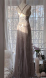 Niulatu Purple A-Line V Neck Tulle Lace Long Prom Dress Gorgeous Evening Dress HZ1103