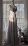 Niulatu Purple A-Line V Neck Tulle Lace Long Prom Dress Gorgeous Evening Dress HZ1103