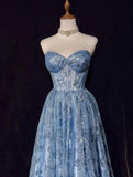Niulatu A-Line Sweetheart Neck Tulle Sequin Long Prom Dress Exquisite Birthday Dress HZ1103