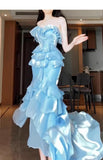 Niulatu Mermaid Strapless Long Ruffled Prom Dress HZ1026