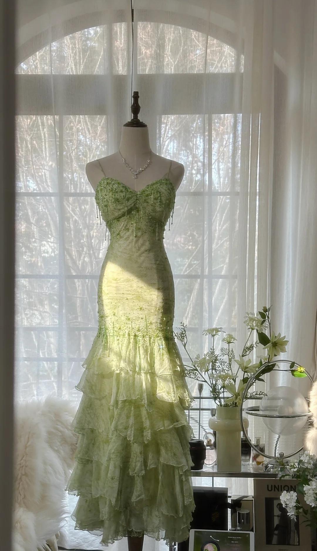 Niulatu Green Mermaid Vintage Party Dresses Sweetheart Chiffon Beaded Layed Prom Dresses HZ1026