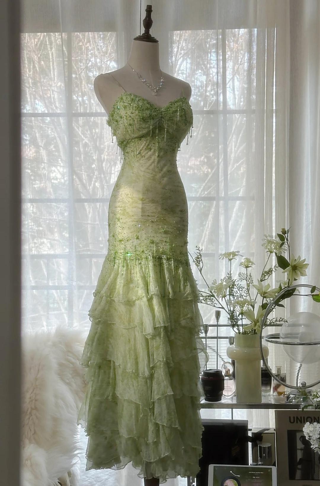 Niulatu Green Mermaid Vintage Party Dresses Sweetheart Chiffon Beaded Layed Prom Dresses HZ1026
