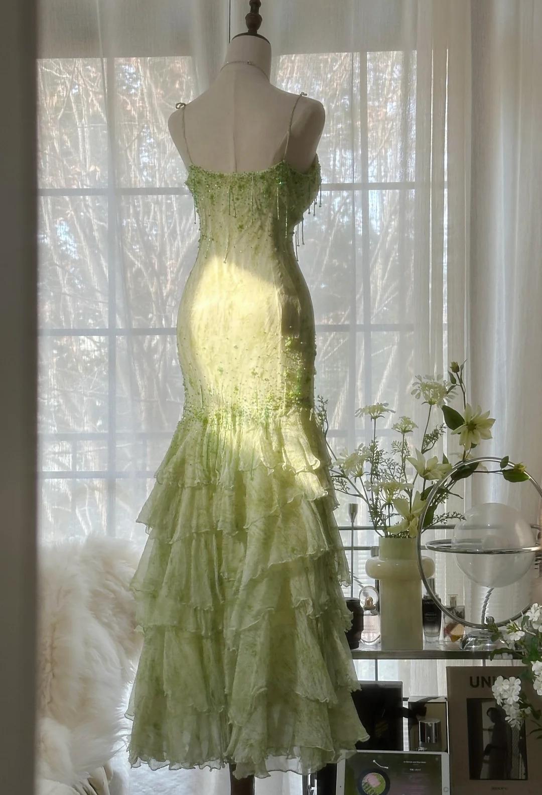 Niulatu Green Mermaid Vintage Party Dresses Sweetheart Chiffon Beaded Layed Prom Dresses HZ1026