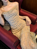 Niulatu Pink Spaghetti Strap Mermaid Tulle Sequined Prom Dress Birthday Dress HZ1103