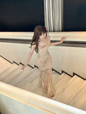 Niulatu Pink Spaghetti Strap Mermaid Tulle Sequined Prom Dress Birthday Dress HZ1103