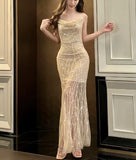 Niulatu Pink Spaghetti Strap Mermaid Tulle Sequined Prom Dress Birthday Dress HZ1103