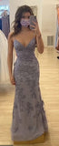 Niulatu Grey Purple Mermaid Spaghetti Strap Tulle Lace Prom Dress HZ1103