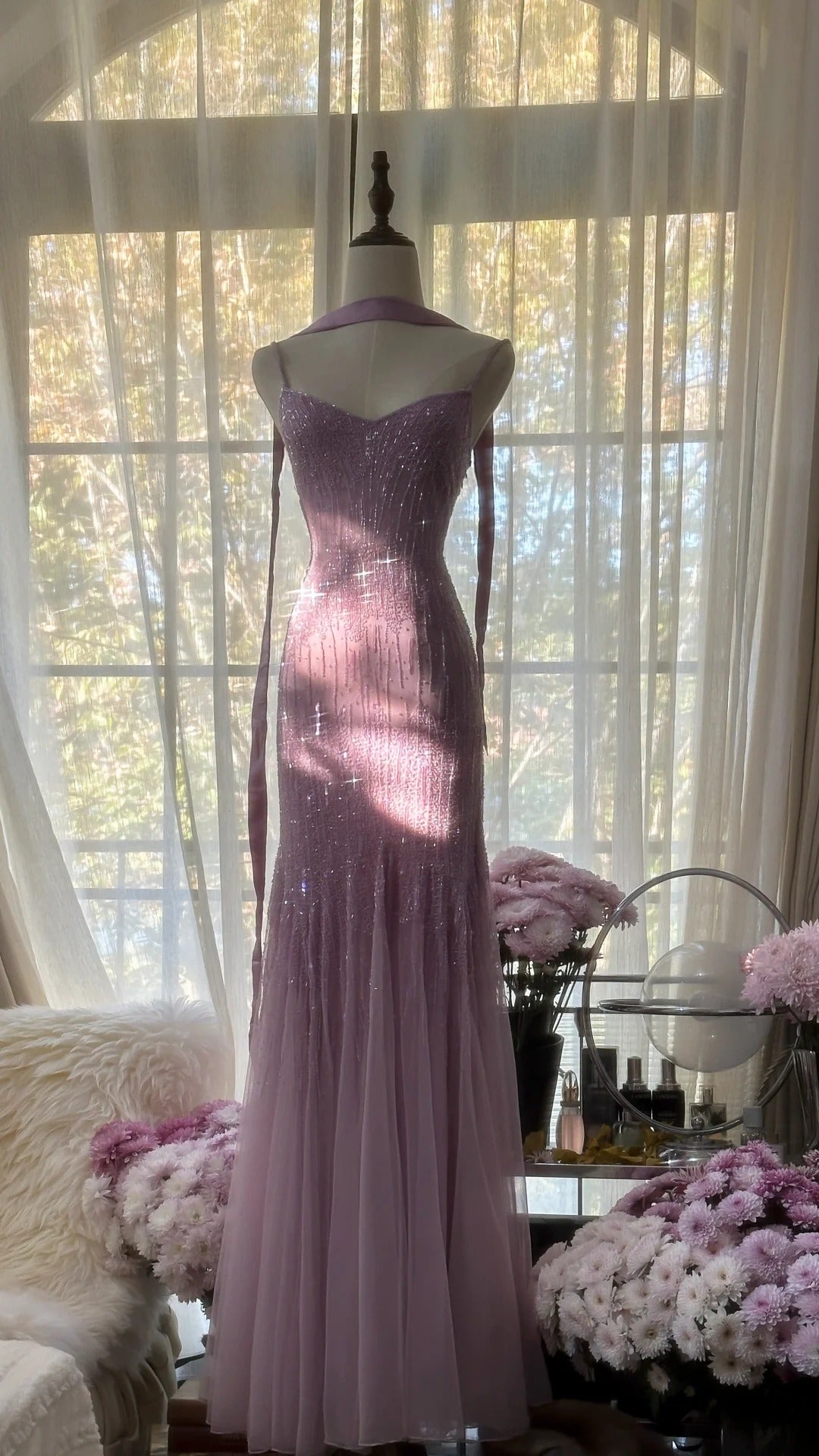 Niulatu Spaghetti StrapsPurple Mermaid Wedding Guest Dresses Beaded Tulle Chiffon Long Prom Dresses HZ1026