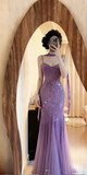 Niulatu Spaghetti StrapsPurple Mermaid Wedding Guest Dresses Beaded Tulle Chiffon Long Prom Dresses HZ1026