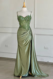 Niulatu Green Spaghetti Straps Sequins Mermaid Appliqued Prom Dress With Split HZ1103