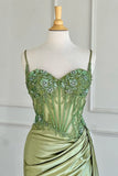 Niulatu Green Spaghetti Straps Sequins Mermaid Appliqued Prom Dress With Split HZ1103