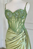 Niulatu Green Spaghetti Straps Sequins Mermaid Appliqued Prom Dress With Split HZ1103