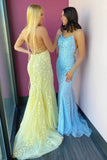 Niulatu Blue A-Line Spaghetti Strap Backless Elegant Tulle Applique Long Prom Dress HZ1103