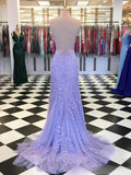 Niulatu Blue A-Line Spaghetti Strap Backless Elegant Tulle Applique Long Prom Dress HZ1103